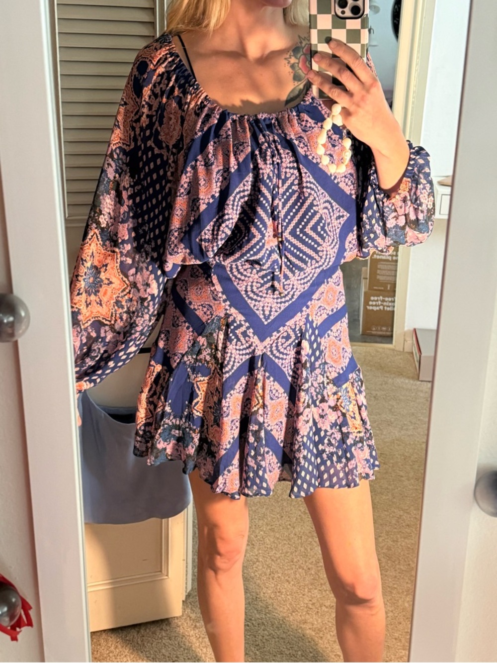 Free People Navy and Pink Boho Printed Long-Sleeve Mini Dress